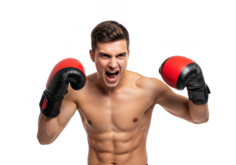 Aggressive boxer with red boxing gloves shouting ready to fight, athletic man with six pack abs, isolated on transparent background