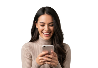 Smiling brunette woman holding and looking at smartphone, mobile device, casual outfit, isolated on transparent background