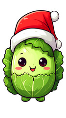 A festive cartoon brussel sprout dressed for the holidays, sporting a classic red and white Santa hat with a joyful smile.