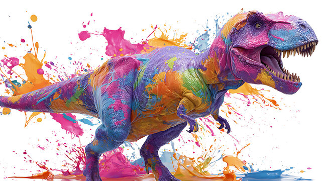 A rainbow-colored, splash-painted T-Rex roars amid vibrant paint splashes and bold hues. in motion!!!