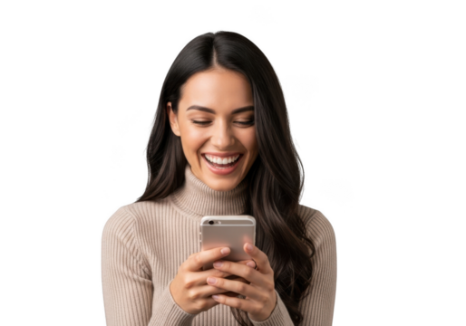 Smiling brunette woman holding and looking at smartphone, mobile device, casual outfit, isolated on transparent background