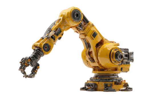 Industrial Robotic Arm Isolated on Black Background in Yellow and Silver Tones