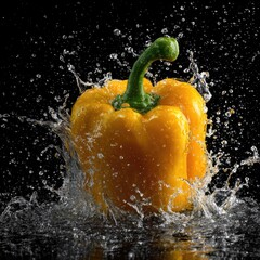 Yellow bell pepper in water splash on black background