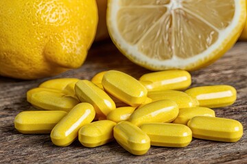 Bright yellow lemon-shaped pills sit on a weathered wooden surface, next to whole and sliced lemons