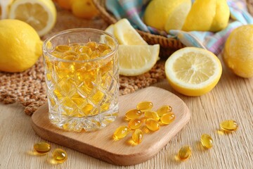 Golden capsules in a glass, surrounded by lemons
