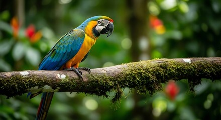 Obraz premium Vibrant macaw perched in lush rainforest. Ideal for wildlife conservation campaigns, ecotourism promotions, or educational materials showcasing biodiversity. Colorful parrot. 