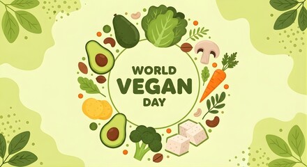 illustration of world vegan day celebration background with fresh vegetables and fruits on 