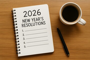 New Year's resolutions 2026 list with notebook. Goals, resolutions, plans, actions, checklist concept