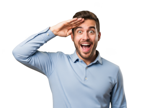 Excited man saluting with hand to forehead, happy expression, portrait, isolated stock photo, transparent background, isolated on transparent background
