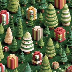 A festive, isometric Christmas forest, filled with stylized Christmas trees and presents