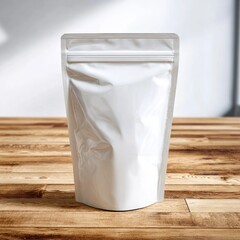 Blank white plastic food pouch on wooden table