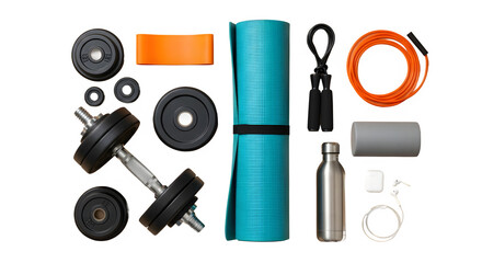 Set of essential home gym fitness equipment and accessories isolated on a clean white background