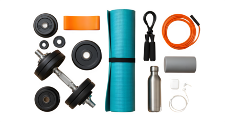 Set of essential home gym fitness equipment and accessories isolated on a clean white background