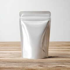 Blank, metallic-finish, stand-up pouch on light brown wooden surface