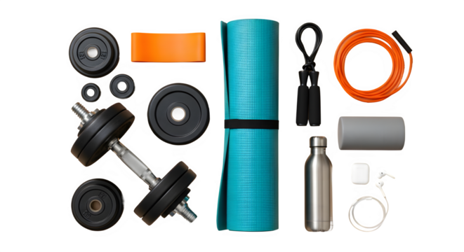 Set of essential home gym fitness equipment and accessories isolated on a clean white background