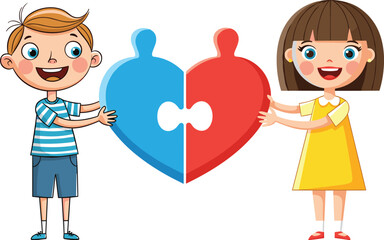Children Holding Heart Puzzle Pieces, Cartoon Unity and Friendship Scene, Blue and Red Halves, Striped Shirt, Yellow Dress, Connection Symbol