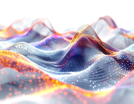 Abstract depiction of flowing digital particles, waves, and vibrant colors