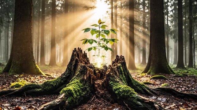 A seedling sprouts from an old stump in a sunlit forest, surrounded by tall trees