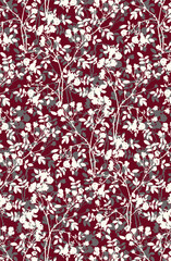 Abstract solid vector textile design, arrangement with a small white silhouette flower and tree pattern, full all-over seamless pattern with red and gray tone color illustration, digital image prints