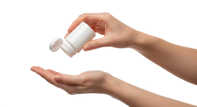 Woman's hand pouring white pills from blank medicine bottle into palm, isolated on white.
