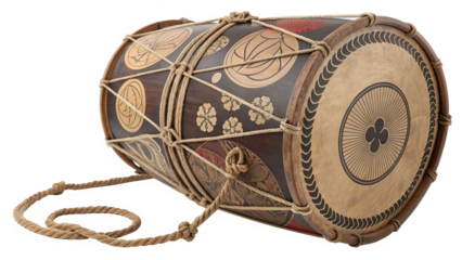 Traditional indian dholak drum with intricate patterns, isolated on transparent background