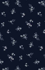 Abstract solid vector textile design, arrangement with monochrome white small flowers and stalk, all-over seamless pattern with purple and gray tone orange illustration, digital image printing factory