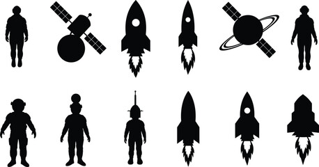 Astronaut silhouettes, rocket launch, space exploration, satellite design, human figure, cosmic travel, futuristic space art, black vector, galaxy illustration, science graphic