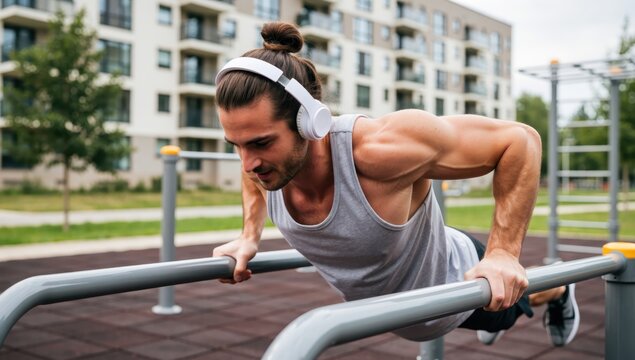 Muscular man doing pushups on parallel bars while listening to music on headphones outdoors