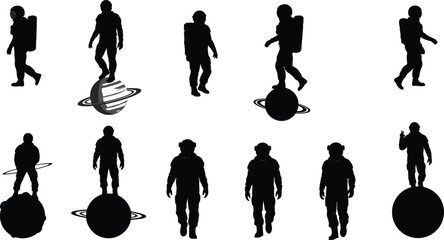 Astronaut silhouettes, space exploration, planetary rings, cosmic adventure, human presence, celestial bodies, futuristic design, galaxy theme, science illustration, outer space art © Creatives Sakib