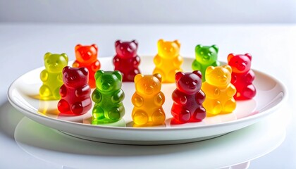 Colorful Gummy Bears on White Plate, Sweet Candy Treats.
