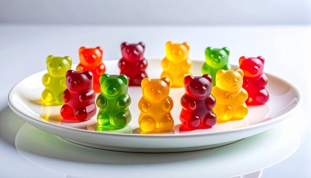 Colorful Gummy Bears on White Plate, Sweet Candy Treats.