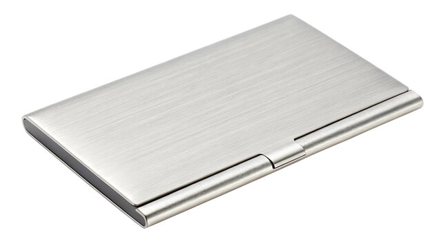 A silver metal business card holder isolated on transparent background