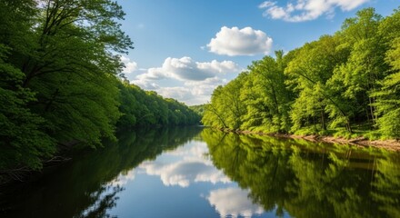 Obraz premium Serene River Scene: Lush Green Trees Reflecting in Calm Water Under a Cloudy Blue Sky