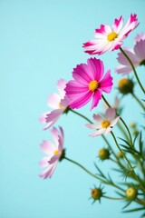 Fototapeta premium Bright pink and white cosmos flowers bloom gracefully against a soft blue background, showcasing vibrant petals and delicate textures in a natural and inviting composition, 