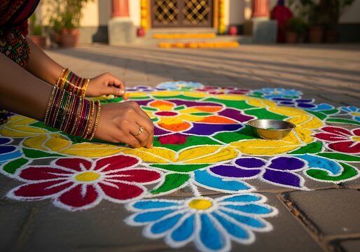 Woman creating a colorful rangoli pattern on the ground for diwali festival
