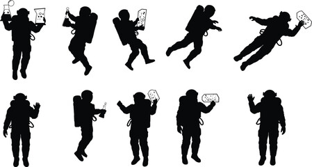 Astronauts performing science experiments in space silhouette, zero gravity laboratory research, cosmic exploration vector illustration, astronaut scientist working outer space.