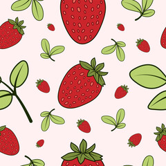 Seamless pattern design with fresh red strawberries and green leaves illustration