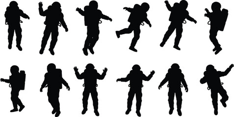 Astronauts floating in space silhouette, zero gravity motion illustration, space exploration concept, outer space suit design, cosmic adventure vector art.