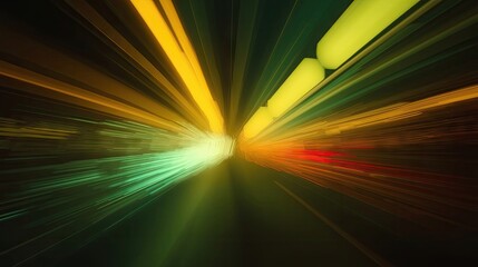 Dynamic abstract composition featuring radiant light beams erupting from a central point, showcasing vibrant hues of yellow, green, orange, and red within a dark backdrop, creating a sense of...