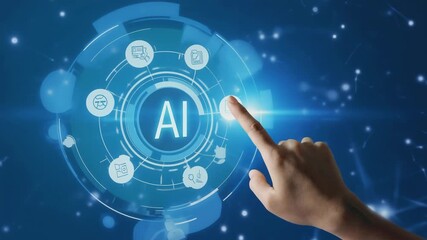 Human finger interacting with futuristic A I interface digital technology network data analysis Ai HD 4K video.
 - Powered by Adobe