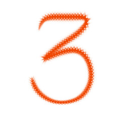 Abstract orange number 3 three design created with small jagged lines forming a textured artistic numeral for creative projects