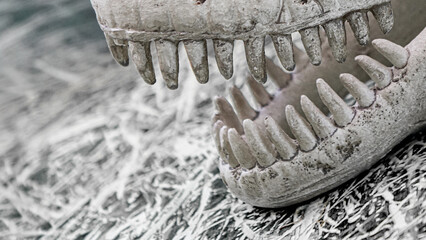 Macro close-up of a sharp-toothed dinosaur or large reptile skull model