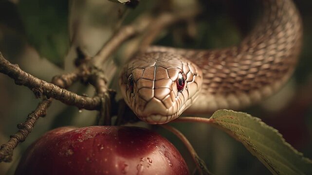 The serpent faces the apple, the apple beneath its gaze. The snake guards the fruit, fruit of temptation. Branch curves, scales shimmer, tongue moves, fangs hidden in the tree shade.