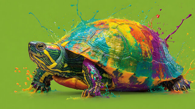 Colorful turtle strides across bright green ground, its rainbow-painted shells like abstract art now