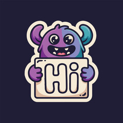 A cartoon monster holding a sign that says hi with purple and blue fur on a dark background