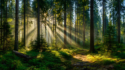 Obraz premium Sunlit Forest Path with Golden Rays