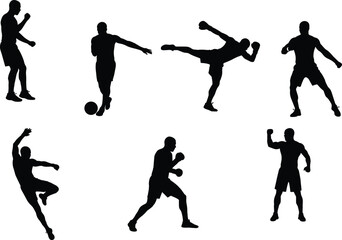 Athlete silhouettes in action, boxing, soccer, martial arts, dance, gymnastics, victory poses, dynamic sports illustration, fitness lifestyle, physical activity