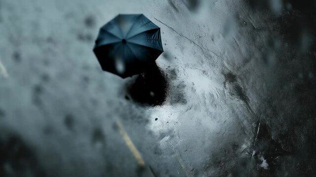 Top view of a wet road with puddles, a man walking with an umbrella in the rain