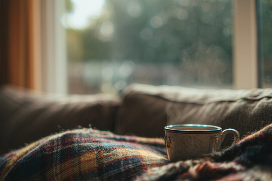 Warm plaid blanket covers a cozy couch with a steaming cup of tea resting nearby as soft sunlight filters through a frosted window in a serene living room setting