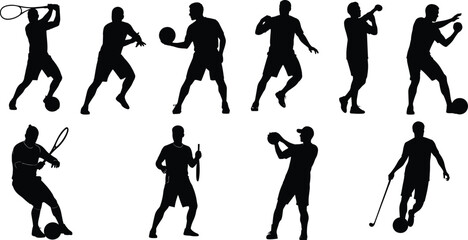Athlete silhouettes playing sports, tennis basketball boxing baseball golf soccer, dynamic action poses, fitness illustration, active lifestyle design, vector art collection